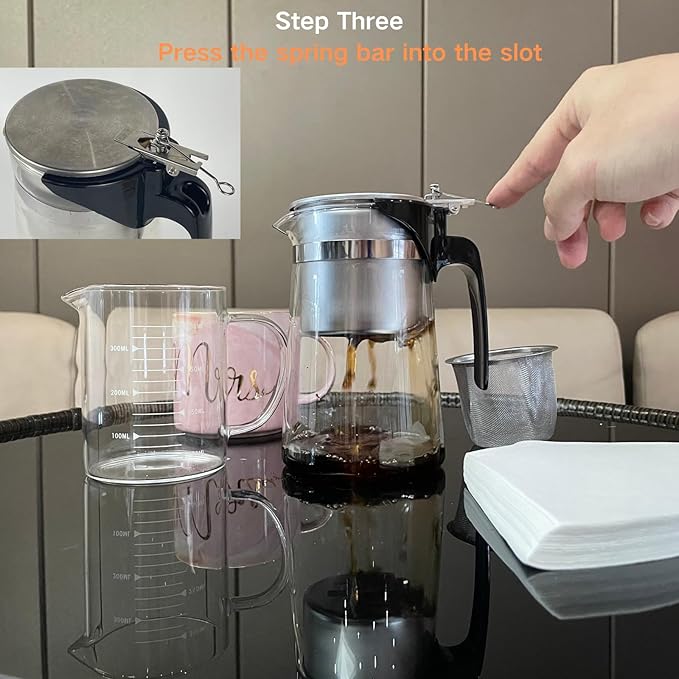 Pour Over Coffee Maker Set 304 Stainless Steel Coffee Dripper with On/Off Switch Borosilicate Glass Small Coffee Pot 50 Filter Papers Multi-Functional Immersion Drip Cafe Brewer Machine (1 250ml)