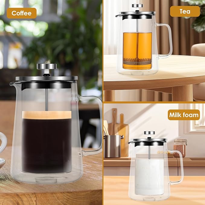 350/650/1000ml French Press Coffee Maker Double Wall Glass French Press Clear French Press Tea Maker Multifunctional Coffee Press Coffee Maker for Home Office (650ML)