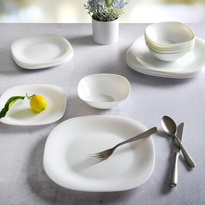 12 Piece White Tempered Opal Glass Dinnerware Set Service for 4 Chip Resistant Microwave &amp Dishwasher Safe