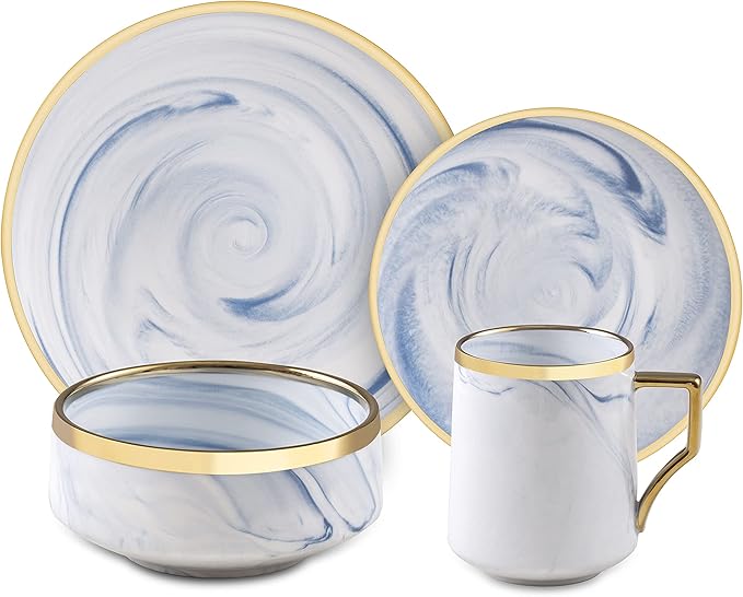 Fine China Artisan Marbled 16pc Dinner Set Blue with Gold