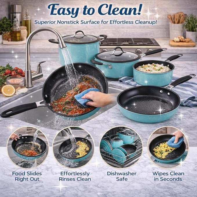 Alpine Cuisine 10-Piece Aluminum Forged Nonstick Cookware Set with Stainless Steel Handles Induction-Ready Pots &amp Pans Glass Lids Teal