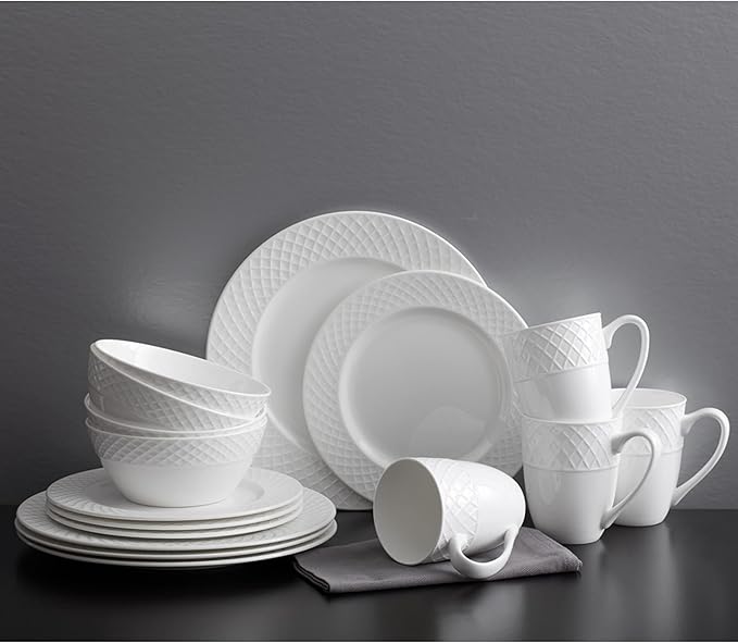 Mikasa Trellis Bone China 16-Piece Dinnerware Set Service for 4 White Lightweight Porcelain with Textured Design Chip-Resistant and Dishwasher Safe