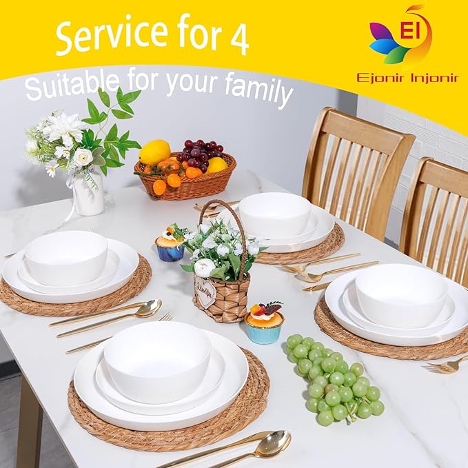 EI 12pcs White Wheat Straw PlatesWheat Straw Dinnerware SetPlates and Bowls SetsUnbreakable Plastic PlatePlastic Plates ReusableDinner Plates Set of 4Plastic Dishes Set
