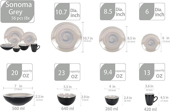 Stoneware Sonoma 56pc Dinnerware Set Black + Speckled Spin Wash Grey