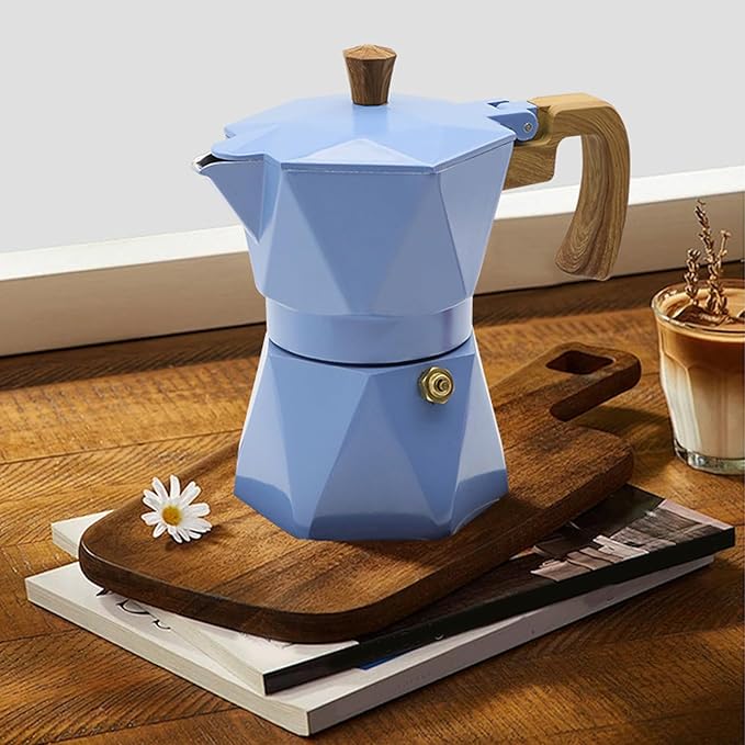 Yosoo Food Safe Anodized Aluminum Italian Coffee Maker with Dual Valve Design 2 Cup Stovetop Coffee Maker Pot for Cuban Cafe Brewing Home Camping (Blue)