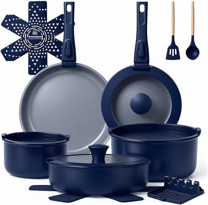 Ammeloo 18-Piece Ceramic Pots and Pans Set Non Stick Non Toxic Cookware Set with Removable Handles Pot Sets for Cooking Induction Ready Dishwasher &amp Oven Safe PFAS PFOA &amp PTFE Free (Navy