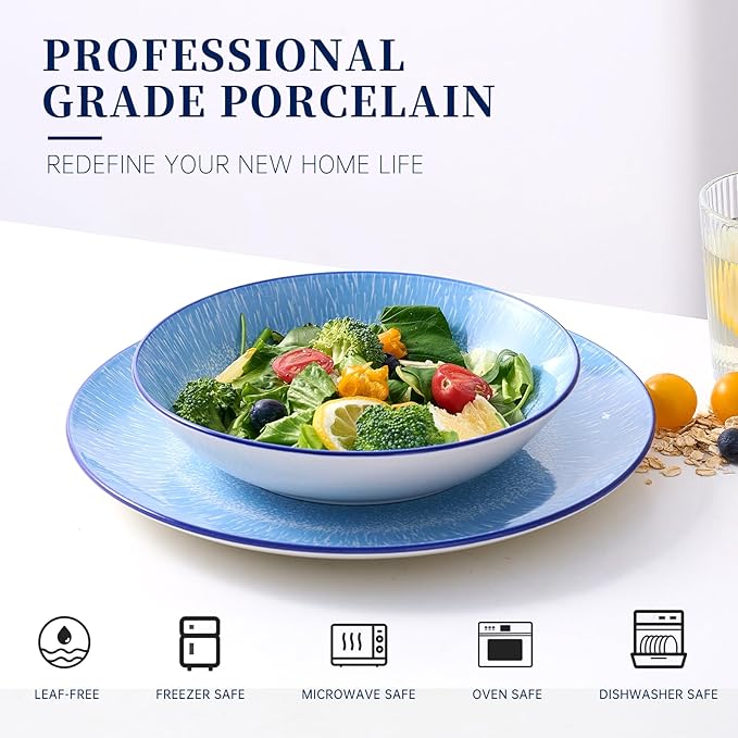 Bestone 12-Piece Round Porcelain Dinnerware Set Service for 4 Chip Resistant Plates and BowlsBlue Dishwasher &amp Microwave Safe for Home Daily Use