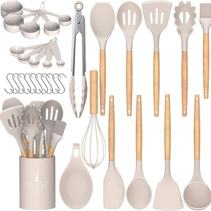 Non-stick silicone cookware set with wooden handle non-stick cookware and kitchen small tool set