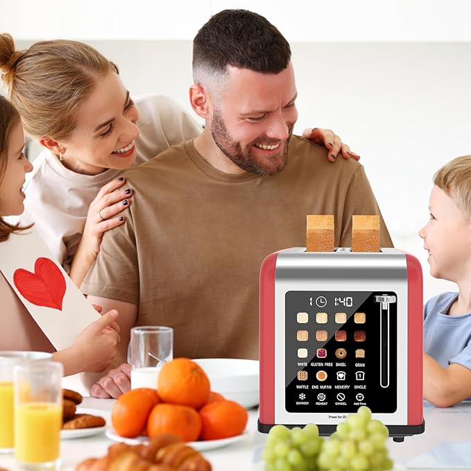 2 Slice Toaster Touch Screen Stainless Steel Toasters Digital Timer 2 Slot Toasters 8 Shade Settings 6 Bread Types for Bagel Cancel Defrost (Red)