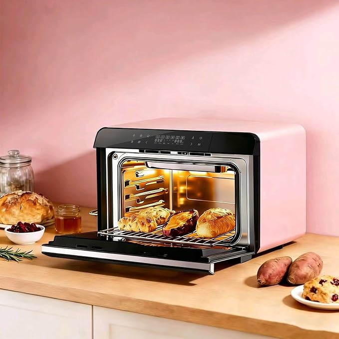 ROBAM Toaster Air Fryer Combi Oven Countertop Steam Oven 20-in-1 with Convection Steam Roast &amp Bake Multi-Stage Cooking Self-Clean 7 Modes 30 Built-In Recipes for Kitchen Pizza Baking (Pink)
