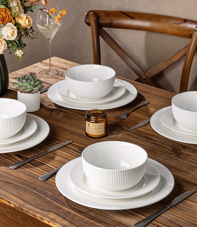 TheTerra Stoneware Dinnerware Sets for 6 18 Pieces Ceramic Plates and Bowls Sets Scratch Resistant Embossed Dish Set Oven Microwave &amp Dishwasher Safe Bright White