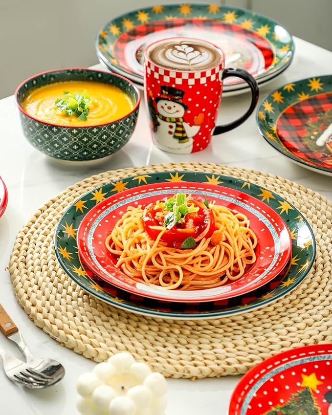Hasense 16 Pcs Dinnerware Sets Ceramic Holiday Coffee mugs Plates and Bowls Set for 4 Chip &amp Scratch Resistant Party Serving Dishes Microwave and Dishwasher SafeColorful