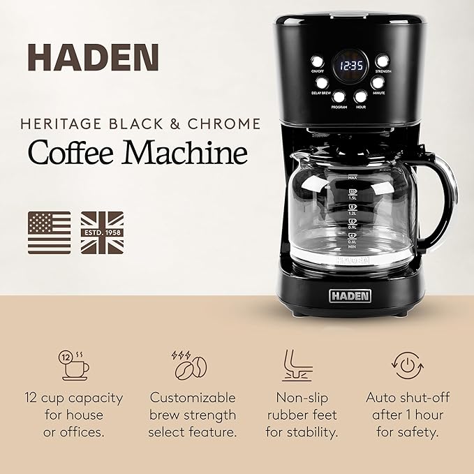 Haden Coffee Machine 12 Cup Programmable Drip Coffee Maker with Auto Shut-Off Function and Reusable Washable Water Filter Black &amp Chrome