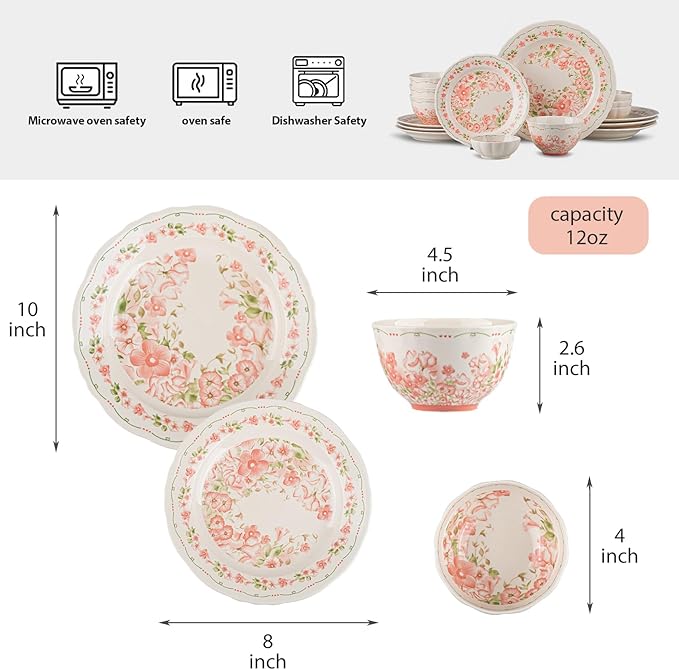 16 Piece Dinnerware Sets for 4 Scratch Resistantmicrowave oven and Dishwasher Safe Plates and Bowls Sets Ceramic Dish Set Bowl and Plate Set -Pink peach blossom pattern
