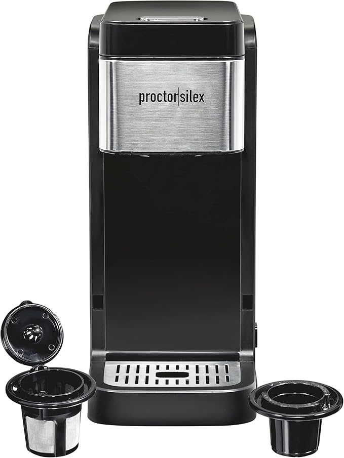 Proctor-Silex Single-Serve Coffee Maker Compatible with Pod Packs and Grounds 40 oz. Reservoir Makes Four 10 oz. Cups Without Refilling Black &amp Stainless Steel (49919)