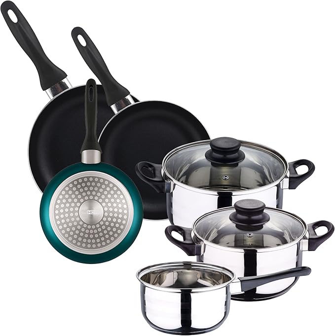 Cookware Set 5 Pieces Stainless Steel + 3-Piece Pan Set Diameter 16 x 20 x 24 cm Pressed Aluminium Metallic Blue