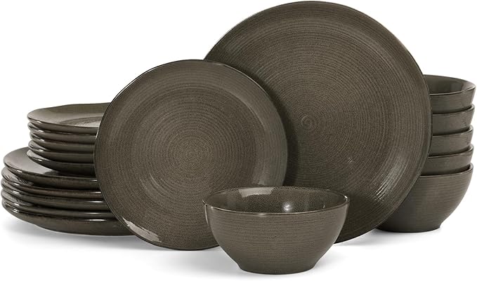 Famiware Tempus Plates and Bowls Sets for 6 18 Pieces Stoneware Dinnerware Sets Reactive Glaze Dishes Set Dishwasher &amp Microwave Safe - Dark Olive