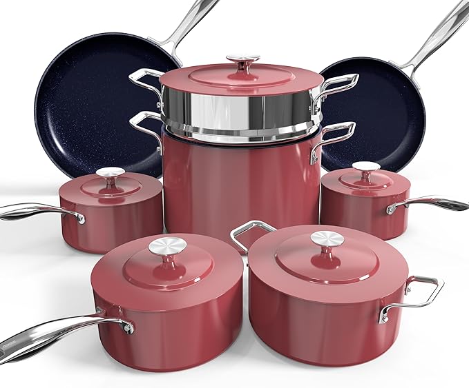 Nuwave Lux 13pc Forged Lightweight Cookware Set PFAS Free Healthy G10 Duralon Ceramic Coating Ultra Non-Stick Stay-Cool Handles Works on All Cooktops &amp Induction Ready