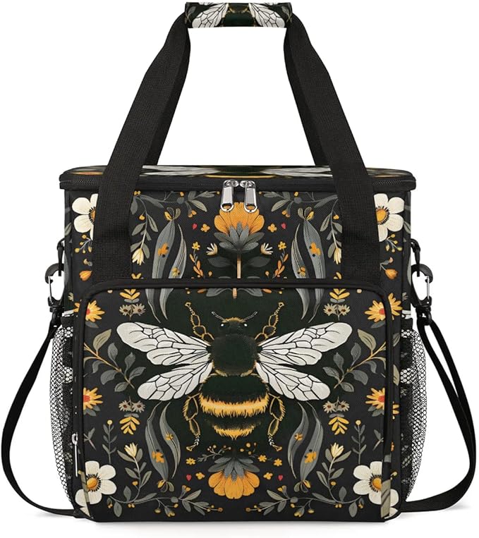 Bee Insect Flower Leaf Coffee Maker Carring Bag Travel Carrying Storage Tote Bag Compatible with Keurig K-Mini or K-Mini Plus Portable Single Serve Coffee Brewer Case with Pockets for K-cup Pods