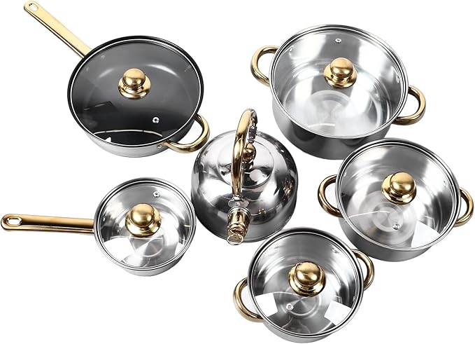Kitchen Pots Stainless Steel Golden Handle Set for Home Cooking Smoothing Sturdy Easy to 12Pcs Cookware for Household
