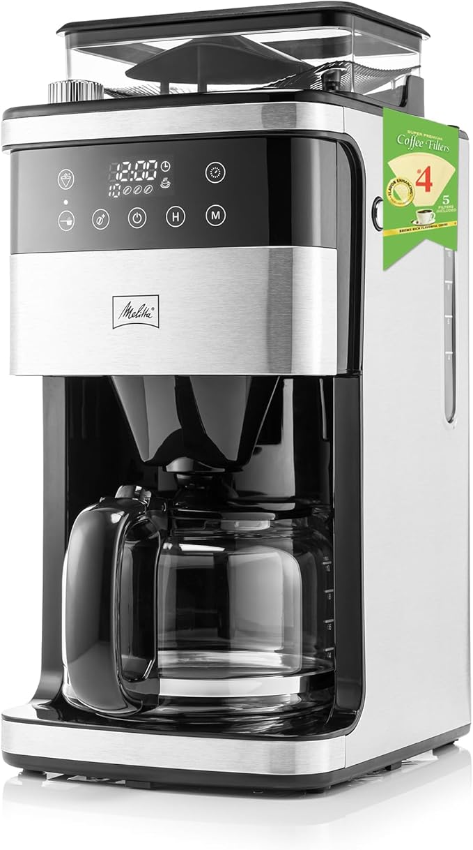 Melitta® Aroma Fresh™ Plus 10-Cup Automatic Drip Programmable Coffee Maker with built in Burr Coffee Grinder 5-Pack Coffee Filters included