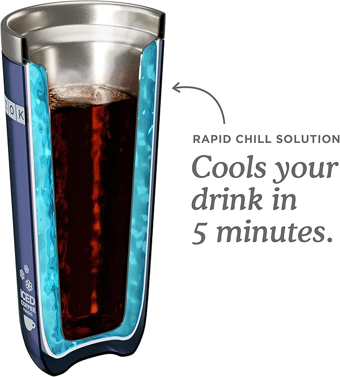 Zoku Instant Iced Coffee Maker Reusable Beverage Chiller Cools Hot Beverages in Minutes Without Dilution Portable 11-ounce Tumbler With Spill-resistant Lid and Straw Grey