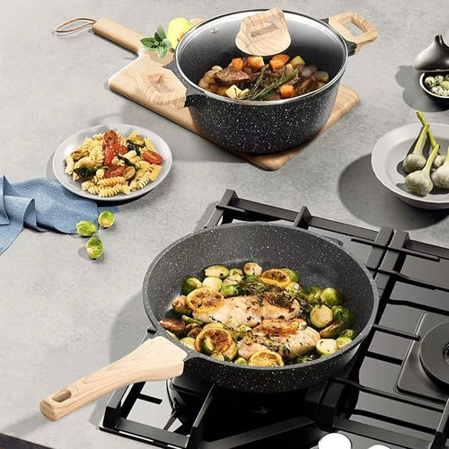 12Pcs Pots and Pans Set Dishwasher Safe with Lids Induction Kitchen Cookware Sets Non Stick with Removable Handle Granite Induction Cooking Set Oven SafeBlack