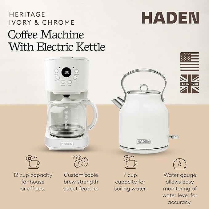 HADEN Coffee Machine 12 Cup Drip Coffee Maker Bundled with Heritage 1.7 Liter Stainless Steel Electric Kettle Ivory &amp Chrome