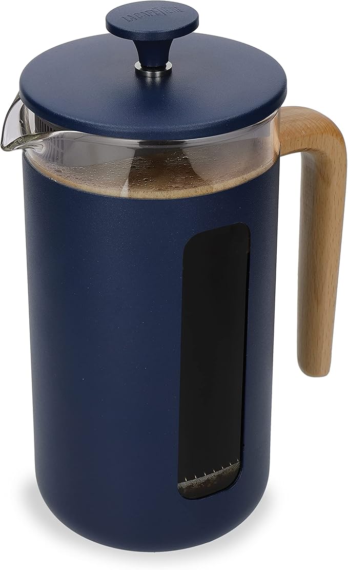 La Cafetière Pisa Cafetière 8-Cup/1L Heat-Resistant Borosilicate Glass and Stainless Steel with Easy-Grip Plunger Large French Press Coffee Maker for Loose Tea and Ground Coffee Navy