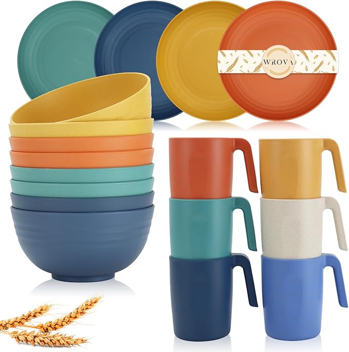 Wrova wheat straw bowls and plates sets with 16oz mugs - unbreakable dinnerware sets of 22 - Colorful Series