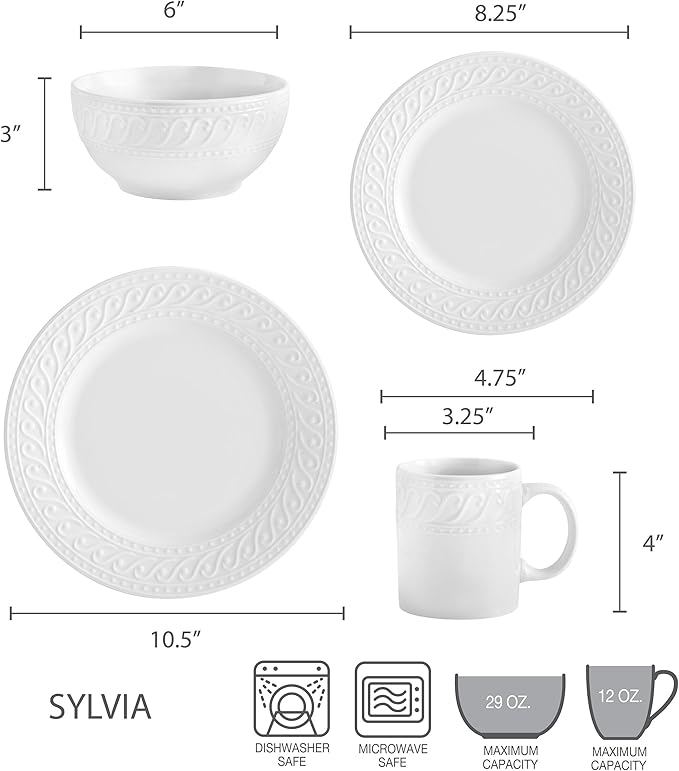 Pfaltzgraff Sylvia 32-Piece White Dinnerware Set Service for 8 Durable Stoneware Plates Bowls and Mugs Microwave and Dishwasher Safe