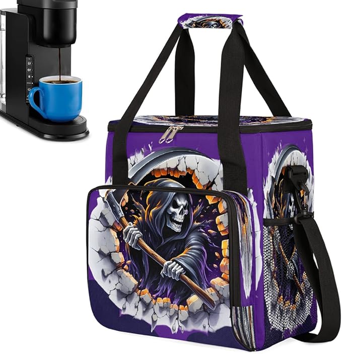 Halloween 3d Skull Scythe Coffee Maker Carring Bag Travel Carrying Storage Tote Bag Compatible with Keurig K-Mini or K-Mini Plus Portable Single Serve Coffee Brewer Case with Pockets for K-cup Pods