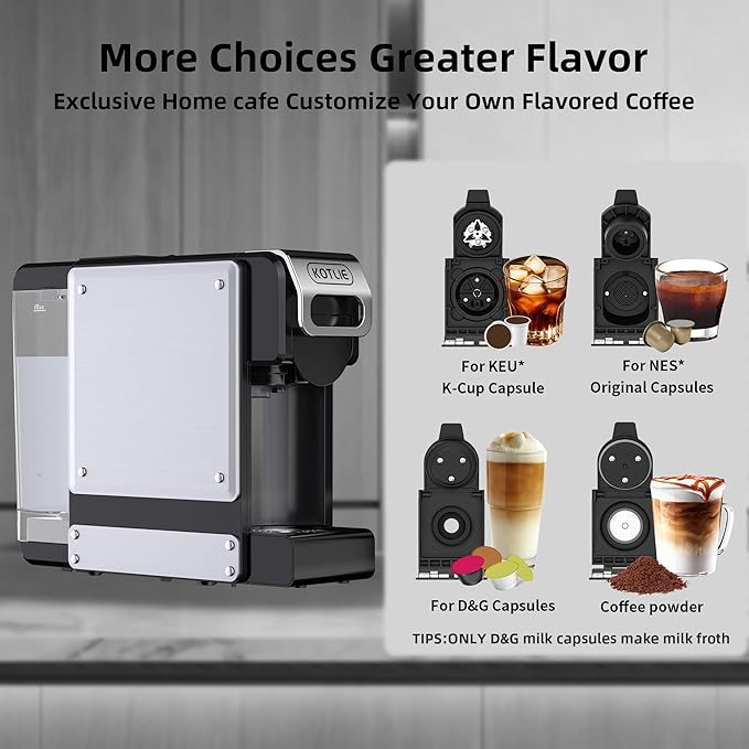 KOTLIE 4-in-1 Espresso Capsule Coffee Machine Single Serve Coffee Maker for K*cup/Nes/DG/Ground Coffee 19Bar 1LST-550(silver)