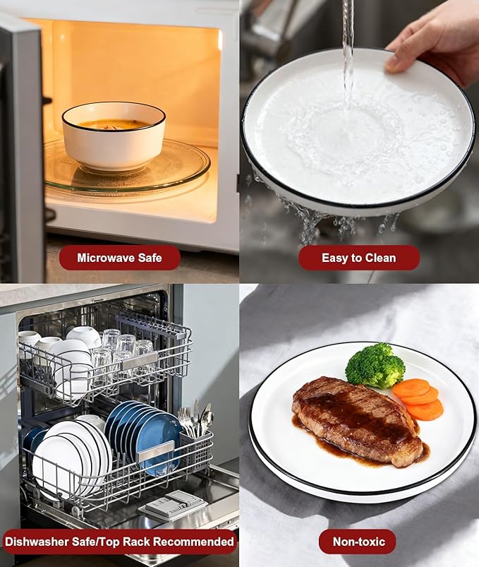 12 Pieces Ceramic Dinnerware setPlates and Bowls Sets for 4White Dinnerware Set for Kitchen Modern Design Plate Sets with Black Rim Microwave and Dishwasher Safe