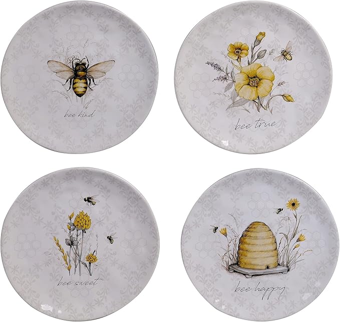 Unknown1 Bee Sweet 16-Piece Dinnerware Set (Service for 4) Grey Multi Color Yellow Floral Farmhouse Modern Contemporary Round 16 Piece Dishwasher Safe Microwave