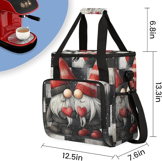Valentine's Day Gnome Coffee Maker Carring Bag Large Insulated Storage Organizer Case Tote Bags with Shoulder Strap for Travel Work Picnic