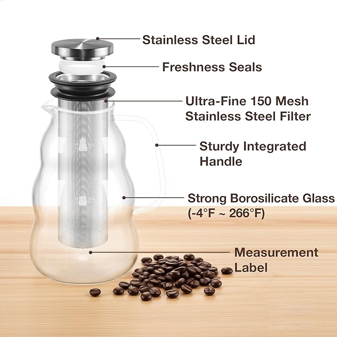 TRINIDa Cold Brew Pitcher 2000ml/67oz High Borosilicate Glass -4°F to 266°F Stainless Steel 150 Mesh Easy Clean Family Size Glass Pitcher Ideal coffee gifts Cold Brew Coffee Maker