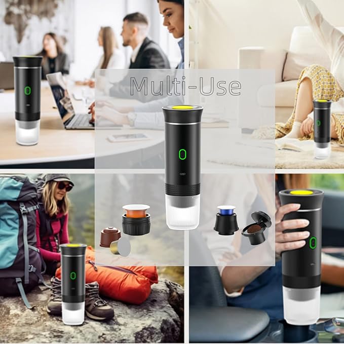 Mini Electric Espresso Coffee Machine Small Self-Heating Portable Car Coffee Maker with Capsule and Ground Coffee for Office RV Travel Camping Hiking (black)