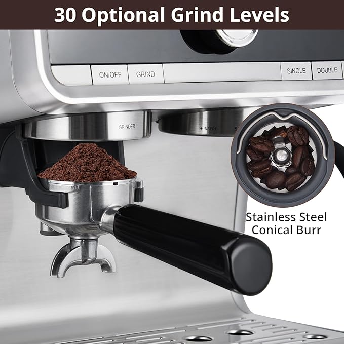 Garvee Coffee Machine 20 Bar Pressure Stainless Steel Espresso Maker Cappuccino and Macchiato with Milk Frother 2.8L Water Tank Barista Kit for Latte.