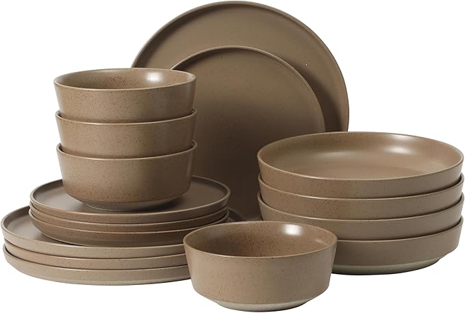 Gibson Elite Overbrook 16-Piece Pottery Clay Stoneware Dinnerware Set – Terraccotta Brown Reactive Glaze Stackable Plates and Bowls w/Pasta Bowl Service for 4 – Microwave &amp Dishwasher Safe