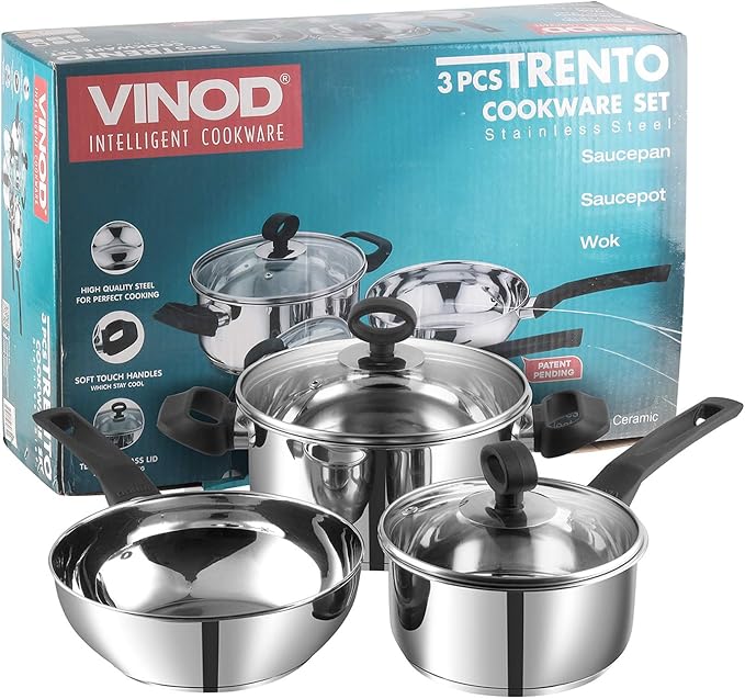 Vinod Stainless Steel Induction Friendly Trento Cookware set-3-Pieces Saucepan (16cm/1.5 Litre) 1- Piece Saucepot (20 cm/ 3 Litre) 1- Piece Deluxe kadai(20 cm/ 1.5 Litre)