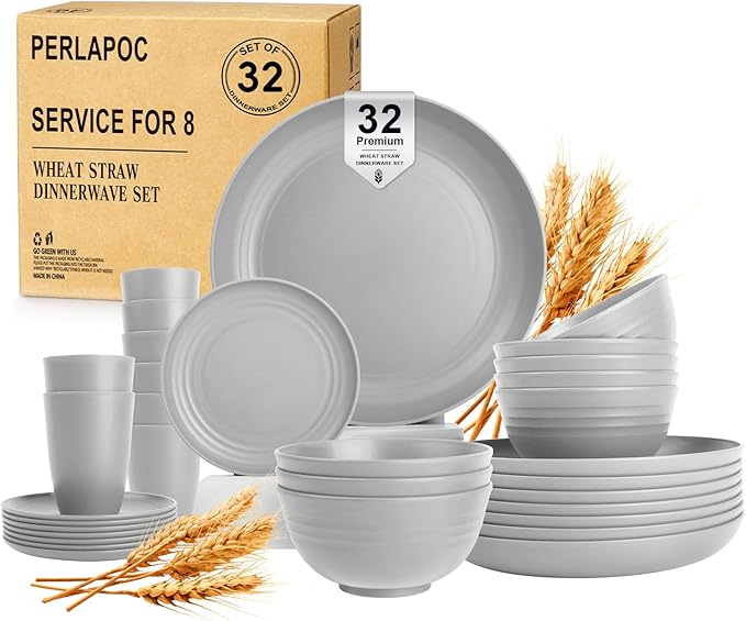 Wheat Straw Dinnerware Sets Plates and Bowls Sets 32 PCS Dinnerware Sets Service for 8 Unbreakable Reusable Plates Set Outdoor Kitchen and Apartment Dinning Essentials - Gray