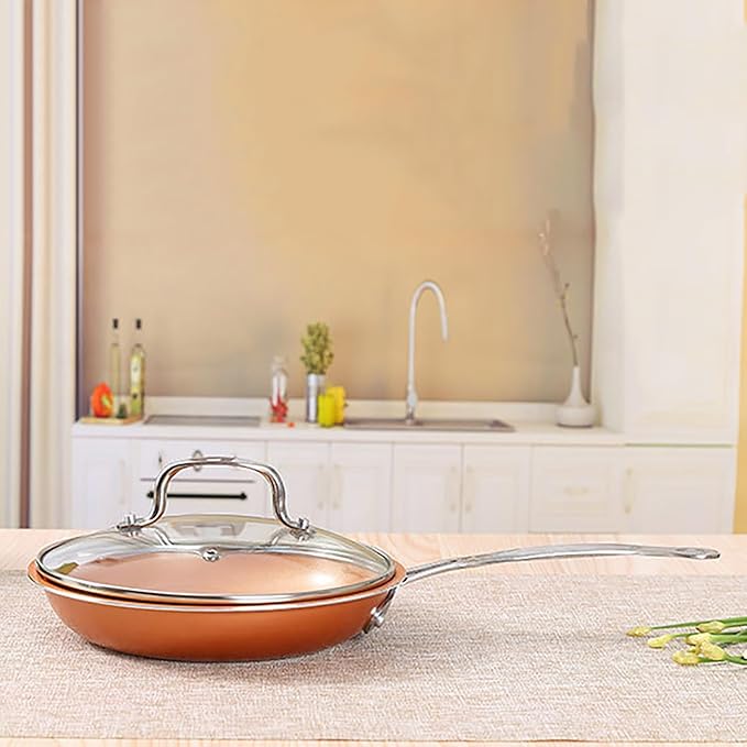 10-Piece Nonstick Cookware Set with Glass Lids Copper Orange Kitchen Pots and Pans Set Stainless Steel Handle Non-Toxic 6 Qt Casserole 8 and 9.5 Inch Skillets Saucepans