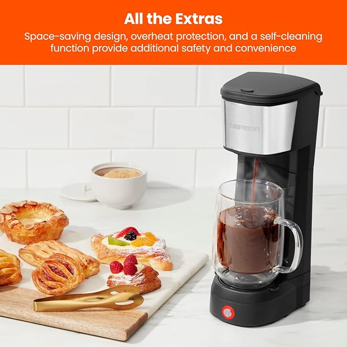 Chefman Single Serve Coffee Maker: K-Cup &amp Ground Compatible Single Cup 6-12 oz Portable Drip Coffee Machine with Filter - Perfect for College &amp Coffee LoversBlack