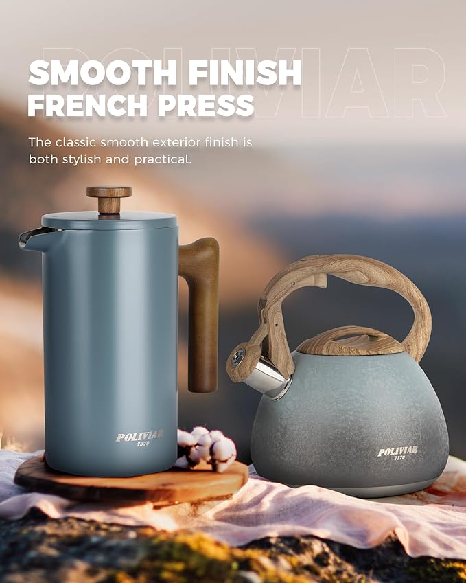 POLIVIAR French Press Coffee Maker 34 oz Coffee Press with Real Wood Handle Double Wall Insulation &amp Dual-Filter Screen Food Grade Stainless Steel for Good Coffee and Tea (Alpline)