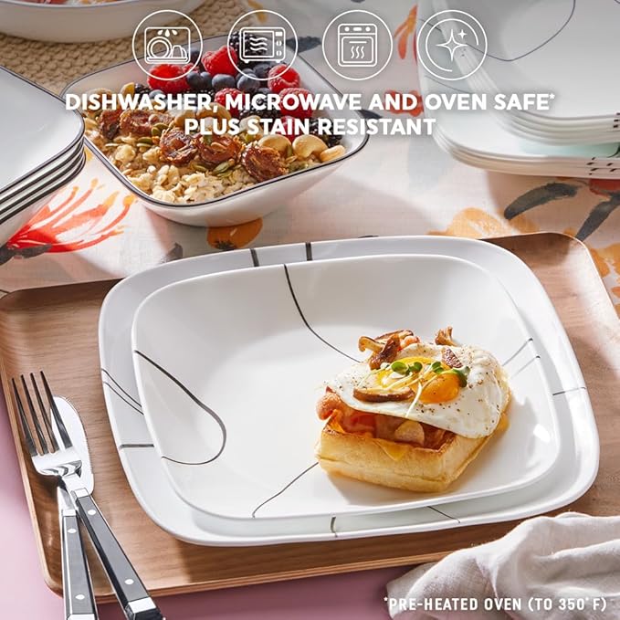Corelle 18-Piece Service for 6 Dinnerware Set Triple Layer Glass and Chip Resistant Lightweight Square Plates and Bowls Set Simple Lines