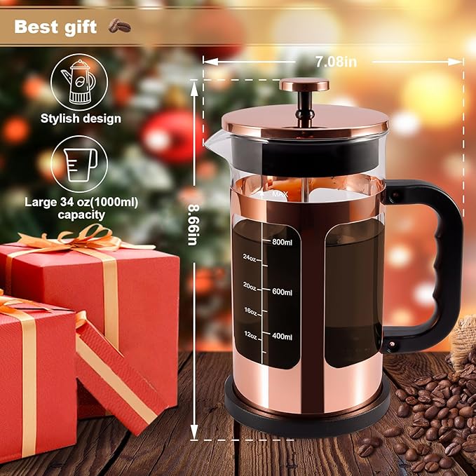 French Press Coffee Tea Maker Upgrade Heat Cold Resistant Thickened Glass with 4 Level Stainless Steel Filtration System Brew Coffee &amp Tea BPA Free Large 1000ml 34oz Rose Gold