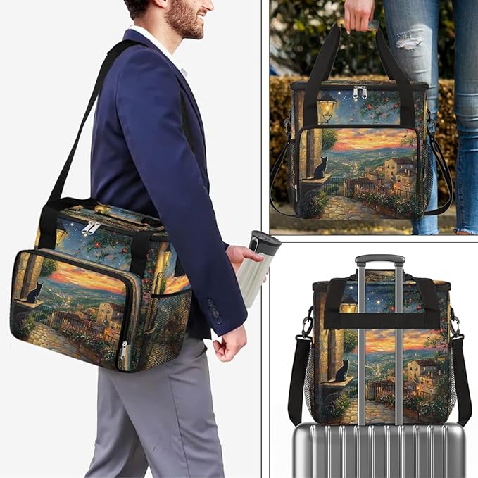 Light Night Scene Cat Flower Coffee Maker Carring Bag Travel Carrying Storage Tote Bag Compatible with Keurig K-Mini or K-Mini Plus Portable Single Serve Coffee Brewer Case with Pockets