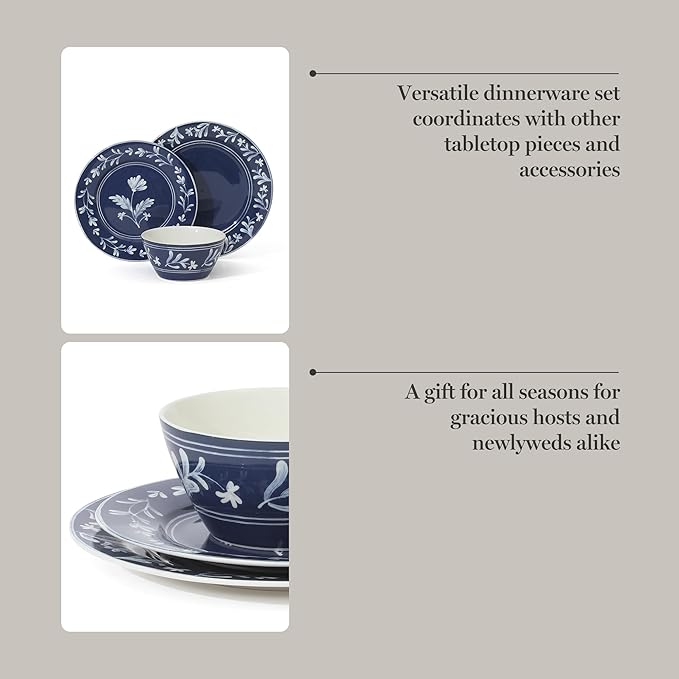 Martha Stewart Maiden Crown 12-Piece Sky Blue Dinnerware Set – New Bone China Ceramic Plates &amp Bowls – Floral Design – Service for 4 – Microwave &amp Dishwasher Safe