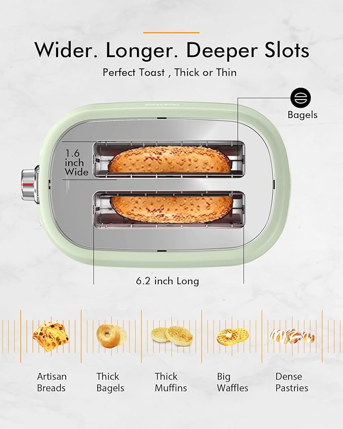2 Slice Toaster Wide Slot - High Lift Auto Off Frozen Mode Easy Clean Green